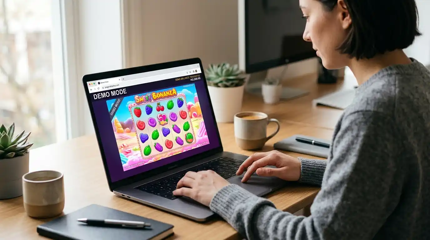 Person mit Laptop zeigt geöffnetes Casino-Demo-Portal ohne Login-Formular