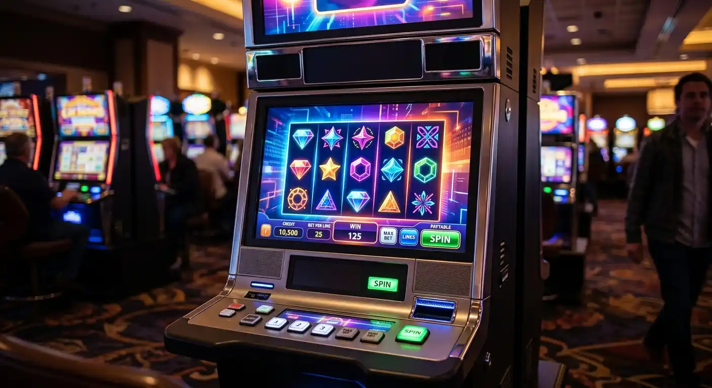 Moderner Slot-Automat mit bunten Symbolen auf einem Monitor