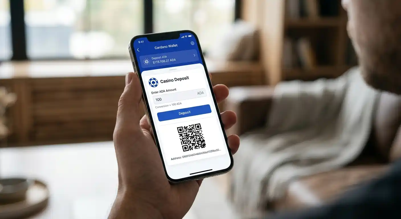 Smartphone mit geöffneter Cardano-Wallet und Casino-Einzahlungsbildschirm