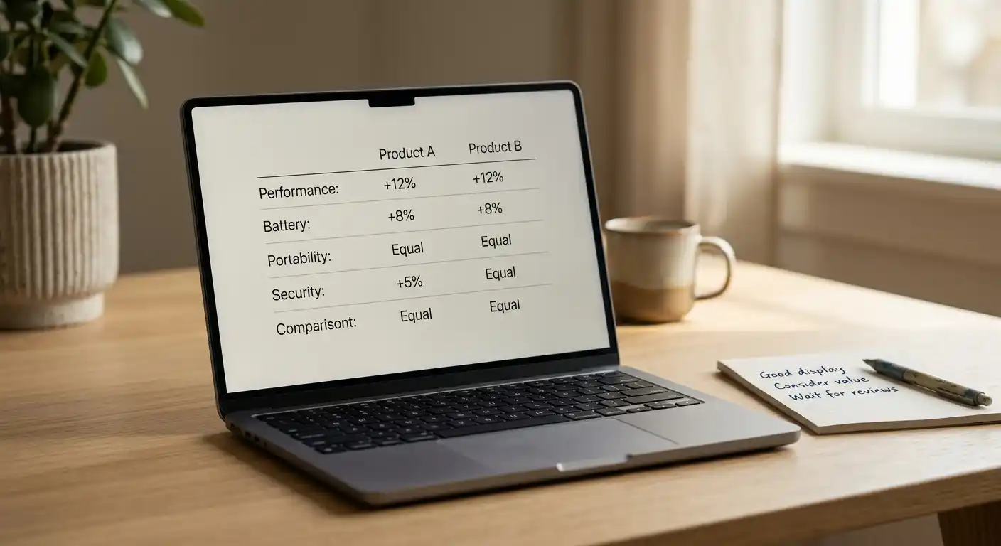 Laptop mit neutraler Vergleichsliste und handschriftlichem Notizblock daneben