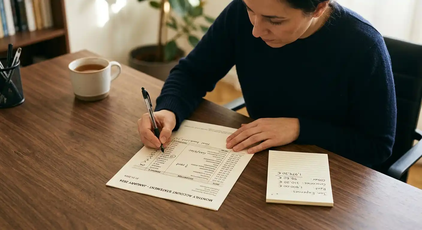 Person am Schreibtisch mit gedruckter Monatsabrechnung und handschriftlichen Notizen