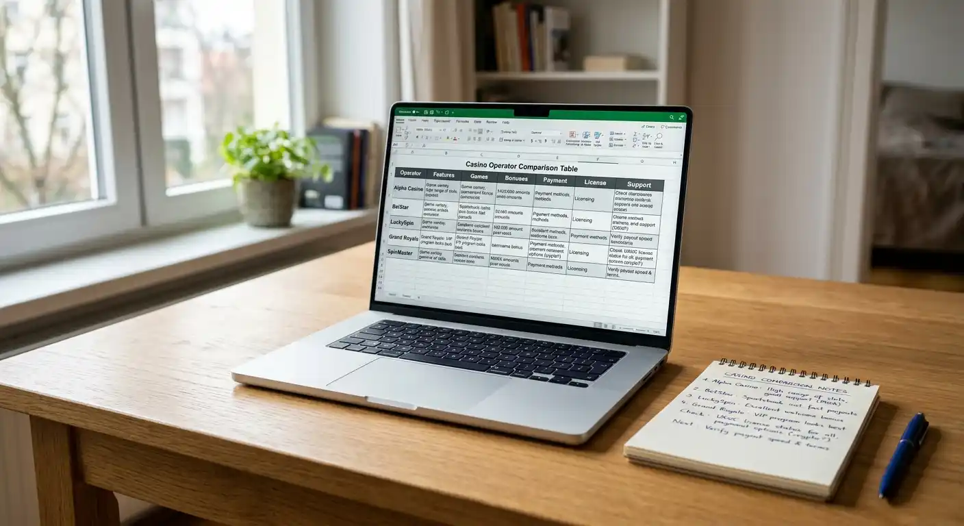 Laptop auf einem Schreibtisch mit einer Vergleichstabelle verschiedener Casino-Betreiber, daneben Notizblock mit handschriftlichen Notizen und Stift, sanftes Tageslicht von einem Fenster, realistische Bürofotografie, keine Logos oder Markennamen auf dem Bildschirm sichtbar, neutrale professionelle Atmosphäre