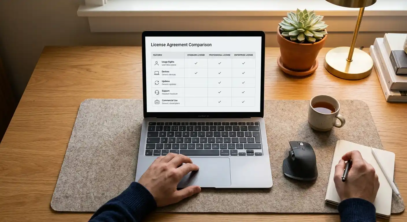 Vergleichstabelle auf Laptop-Bildschirm mit Lizenzsymbolen und App-Icons