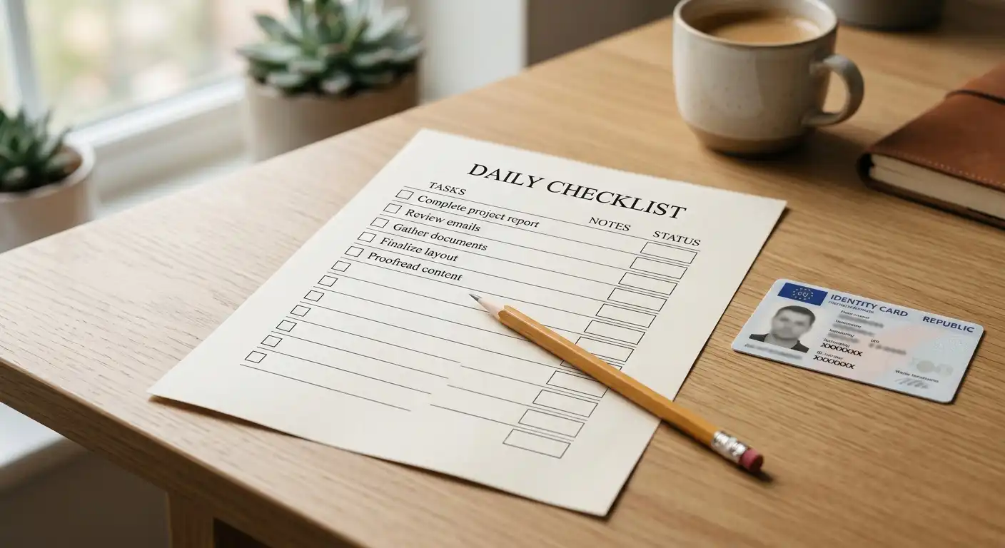 Gedruckte Checkliste mit Stift auf einem Schreibtisch vor der ersten Casino-Einzahlung