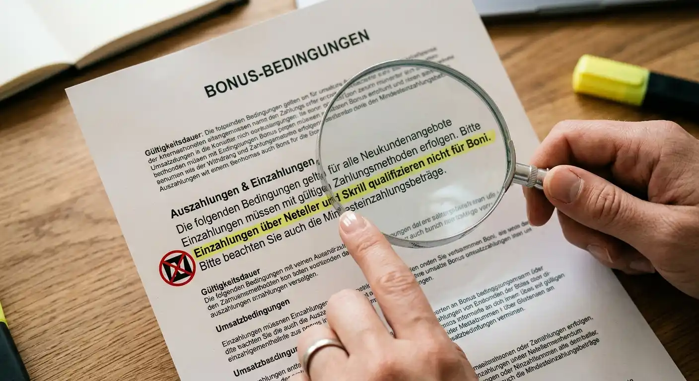Bonus-Bedingungen Dokument mit durchgestrichenem Neteller-Logo