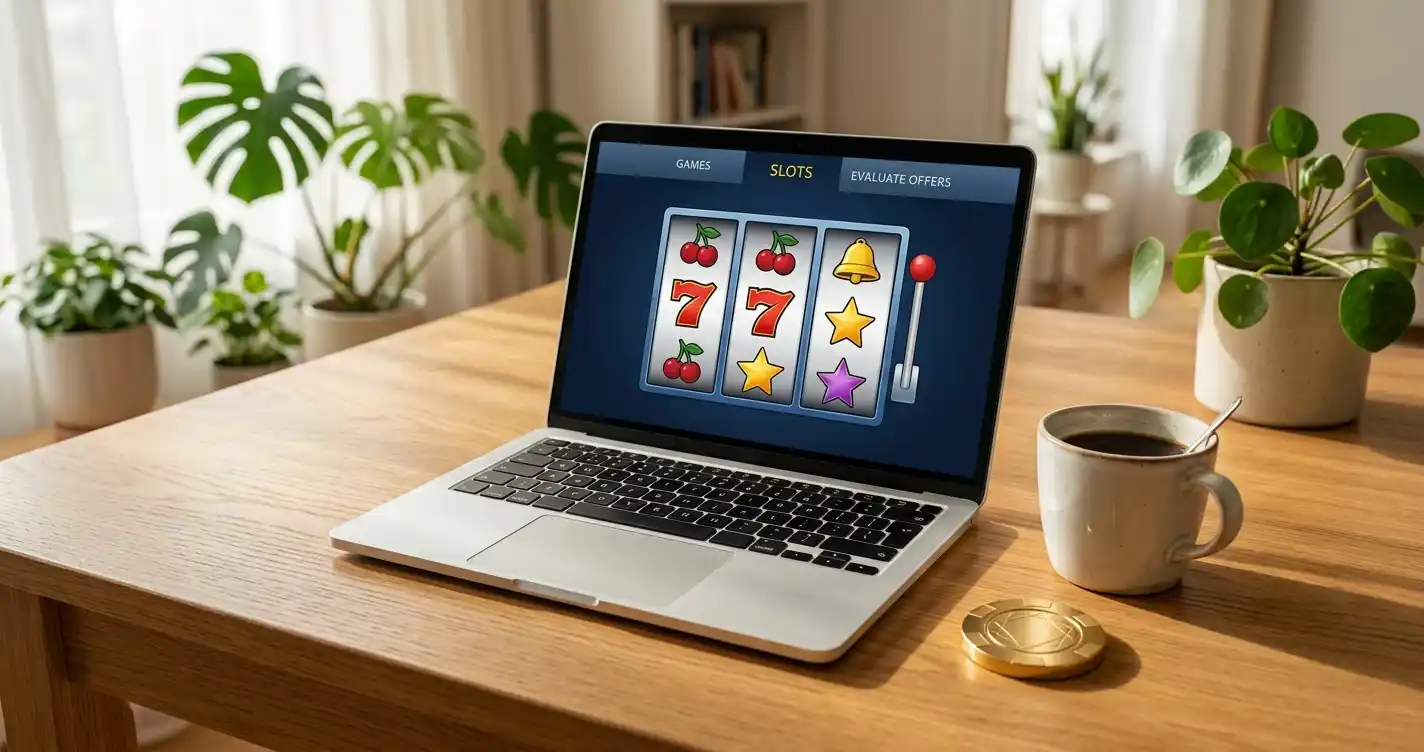 Laptop mit generischer Casino-Oberfläche und abstraktem Chip auf einem hellen Schreibtisch