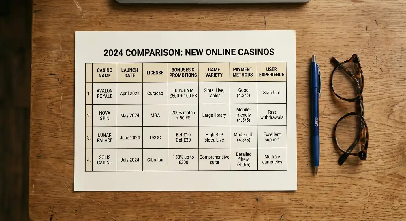 Gedruckter Angebotsvergleich neuer Casinos auf einem Schreibtisch neben Stift und Lesebrille