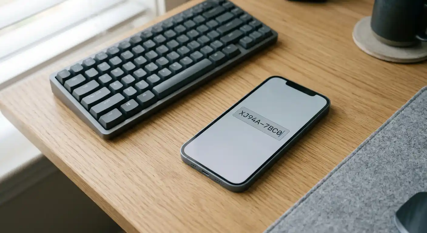 Alphanumerische Bonuscode-Zeichenfolge auf einem Smartphone-Bildschirm neben einer Tastatur