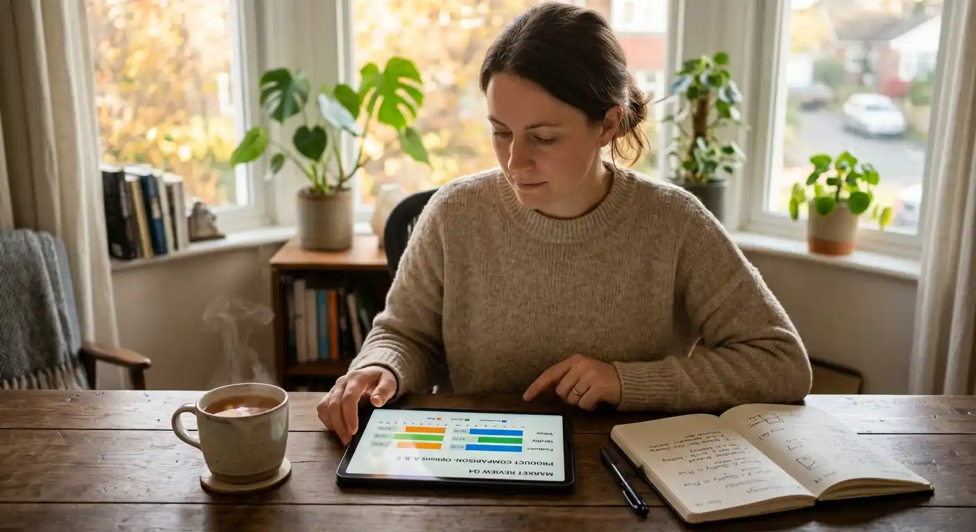 Person mit einem Tablet in der Hand, auf dem ein Bewertungsdiagramm mit farbigen Balken angezeigt wird