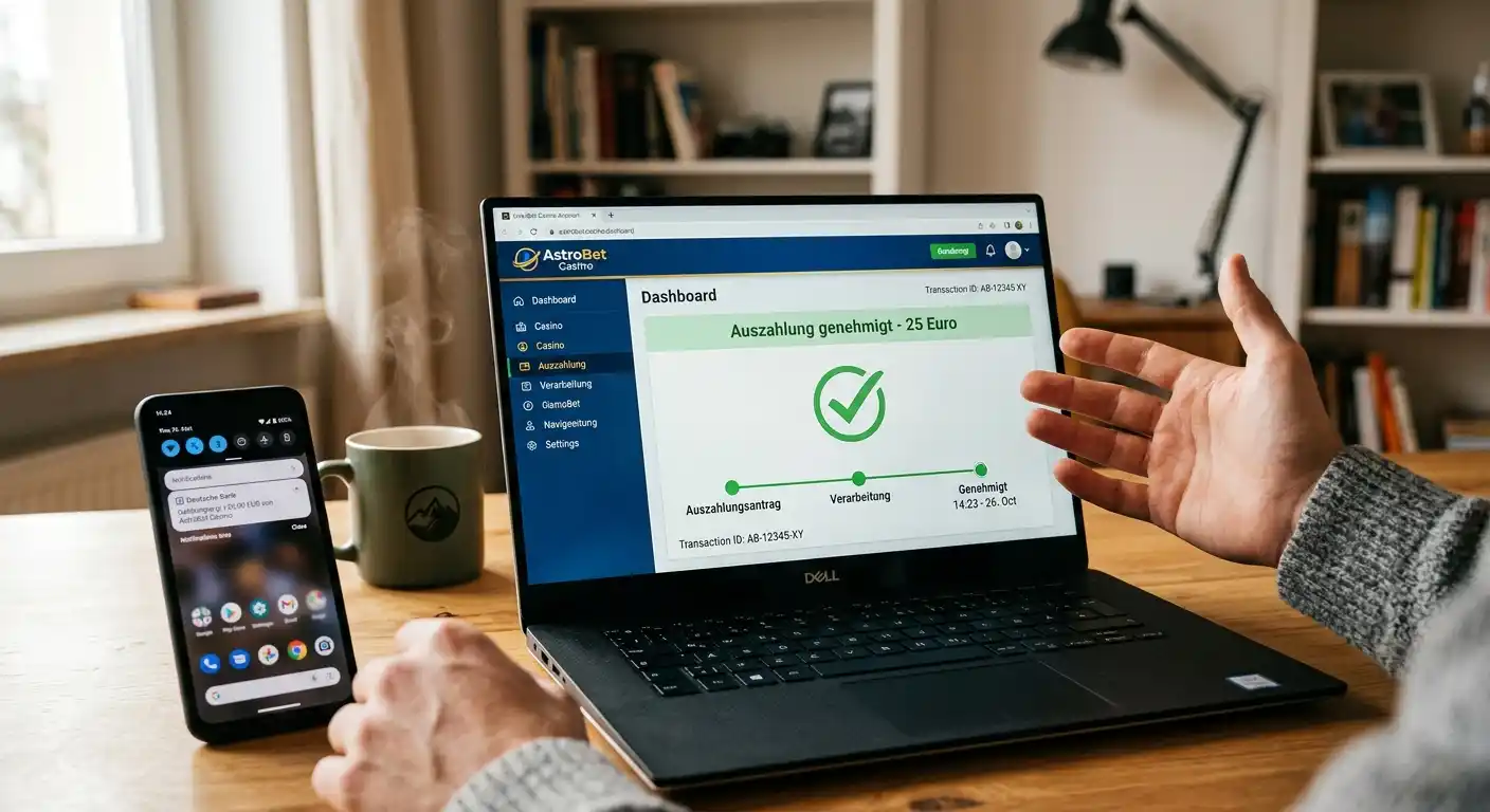 Laptop mit geöffnetem Casino-Konto und ausgezahltem Gewinn auf dem Bildschirm