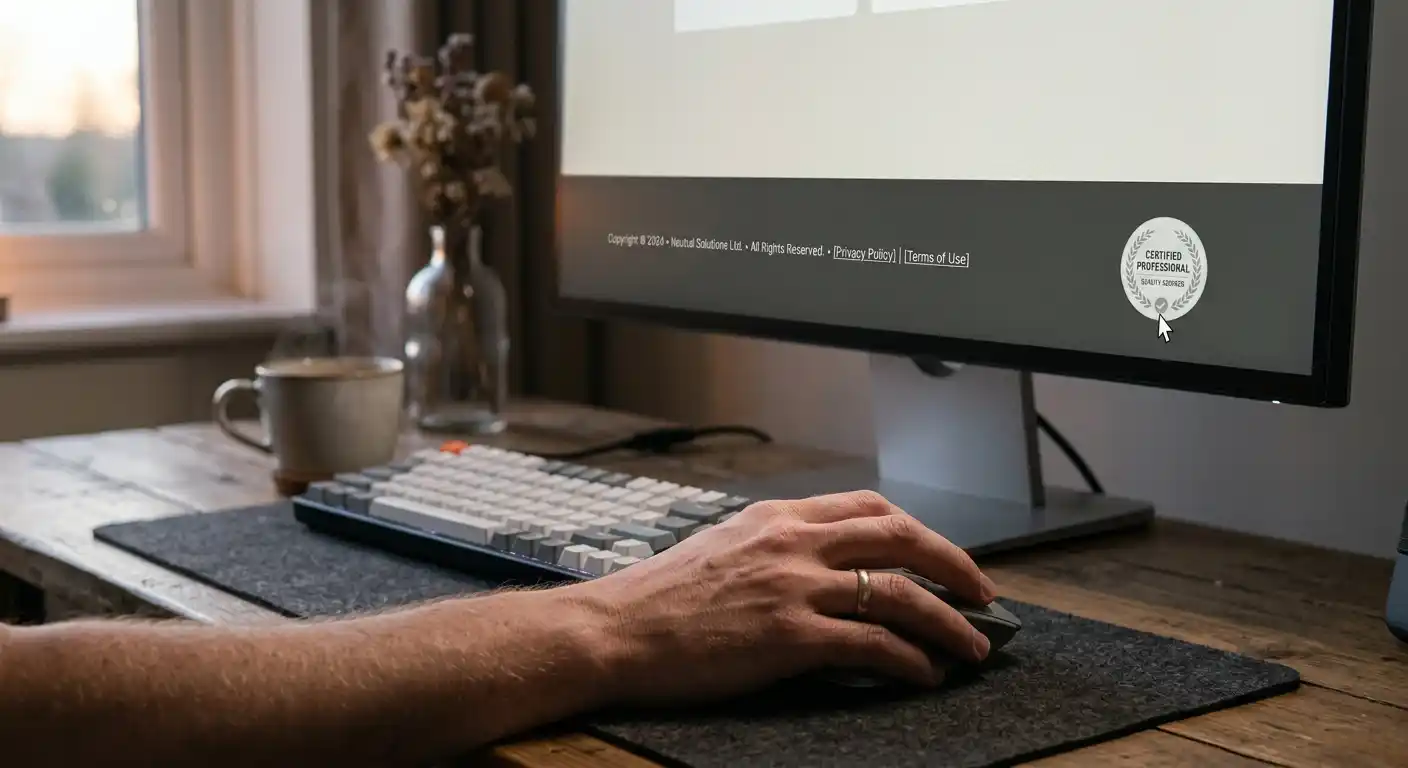 Person am Laptop, die ein Prüfsiegel auf einer Casino-Webseite mit der Maus anklickt