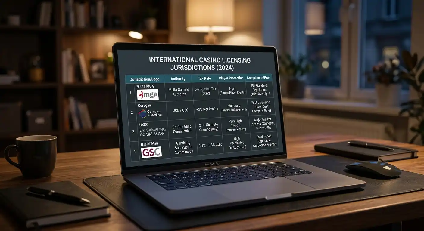 Vergleichstabelle internationaler Casino-Lizenzen auf Laptop-Bildschirm