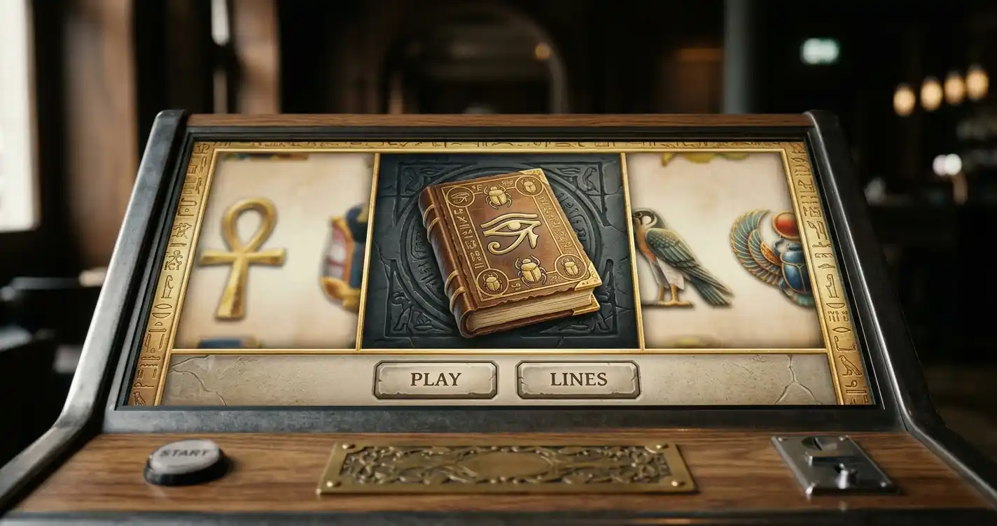 Ägyptische Spieloberfläche von Book of Dead mit Buchsymbol auf neutralem Hintergrund