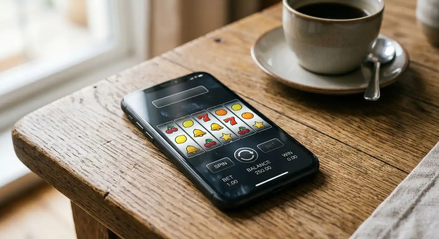 Smartphone auf einem Holztisch mit geöffneter neutraler Casino-Oberfläche ohne Markenlogos