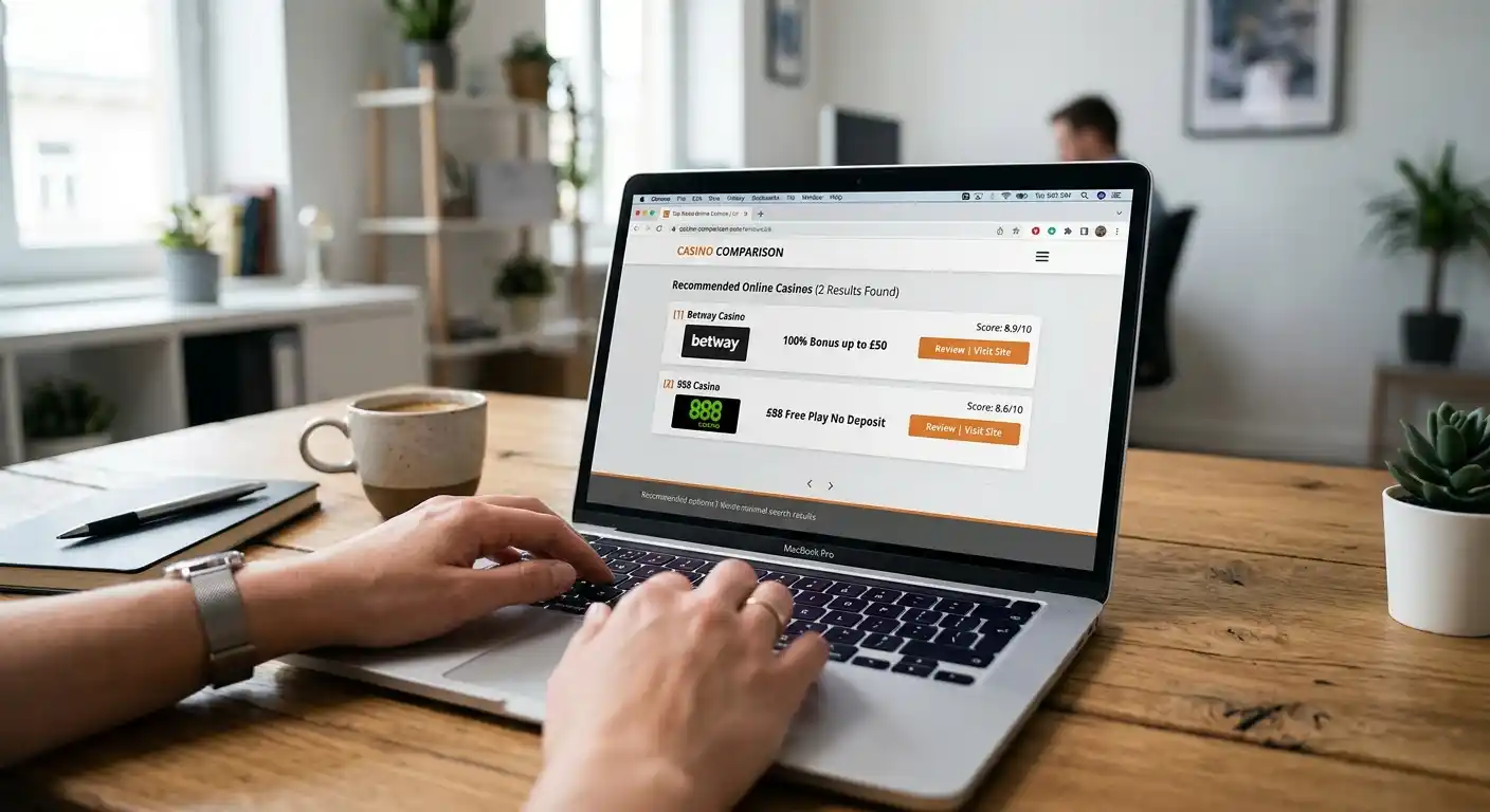 Laptop mit geöffneter Casino-Vergleichsseite und begrenzten Ergebnissen