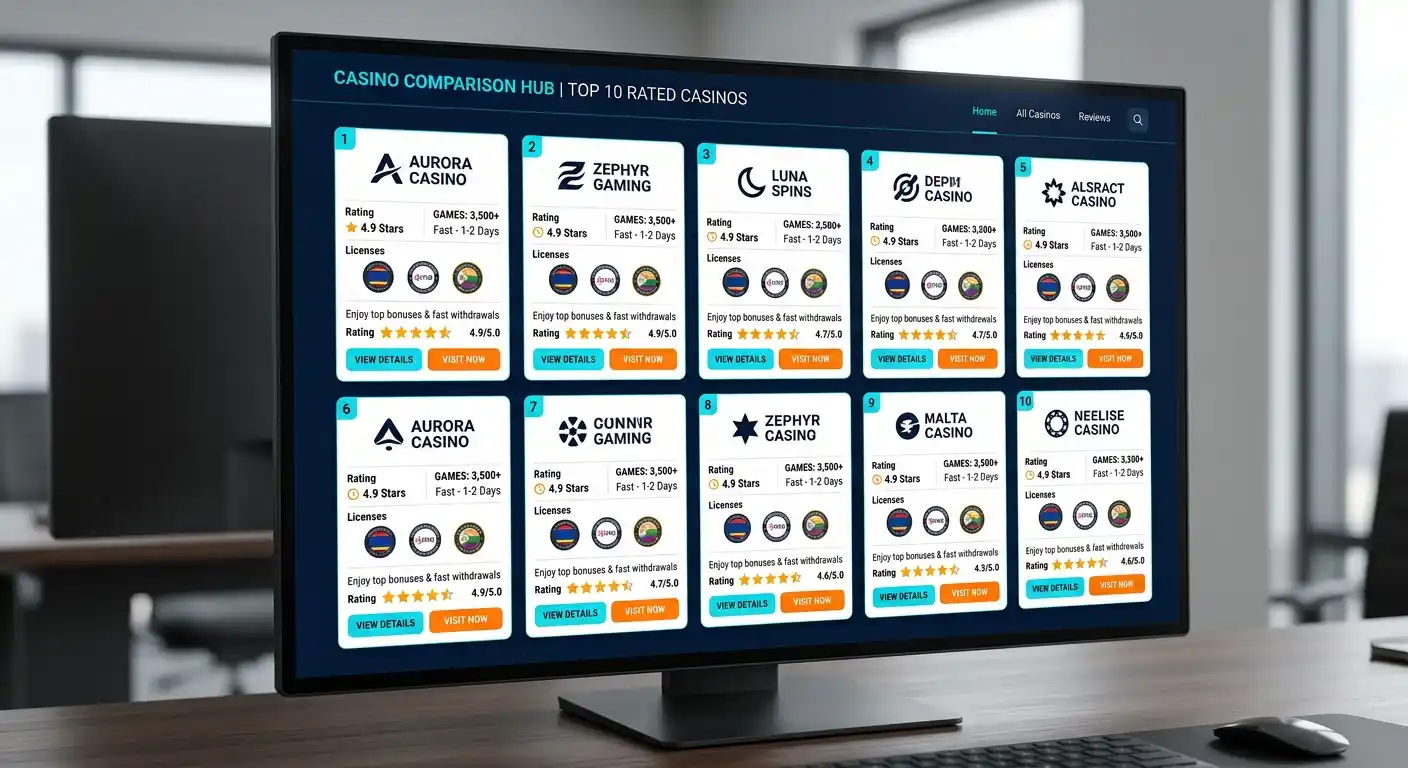 Digitaler Vergleichsbildschirm mit zehn Casino-Karten und Bewertungssymbolen wie Sternen, Lizenzsiegeln und Auszahlungszeiten