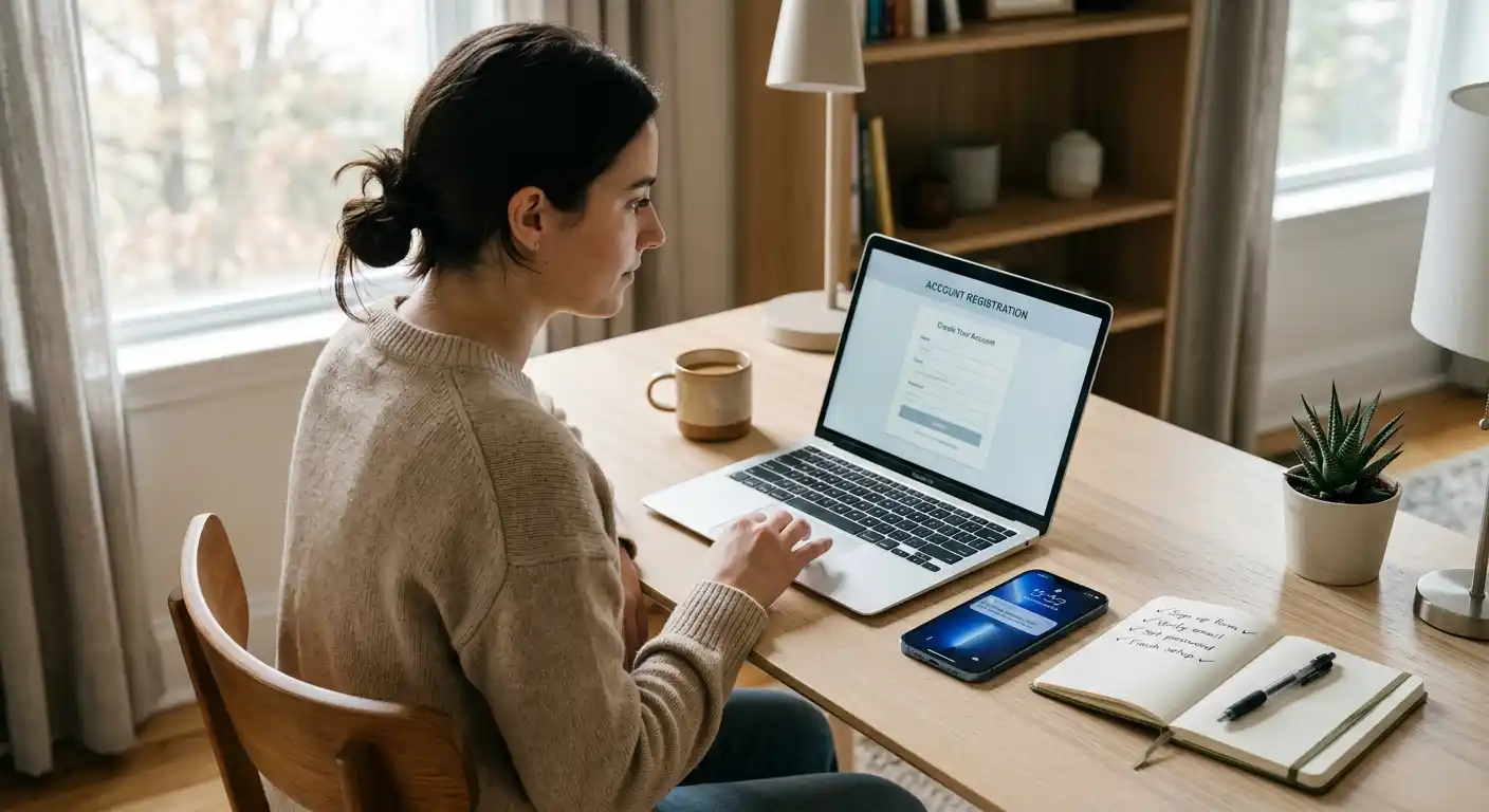 Person am Schreibtisch vor einem Registrierungsformular am Laptop mit einem Smartphone daneben, das einen Bestätigungscode zeigt