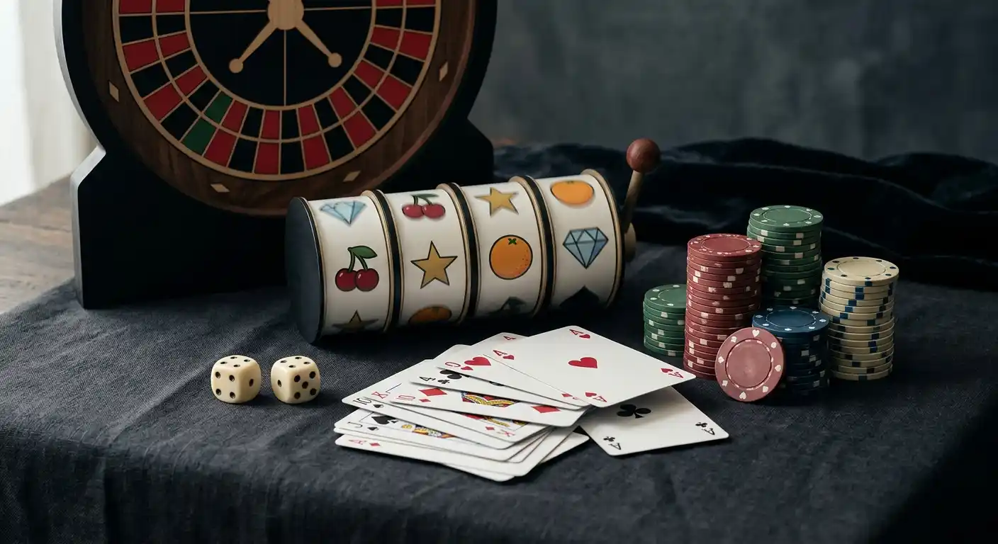 Abstrakte Spielsymbole wie Walzen, Karten und Jetons in einer neutralen Komposition