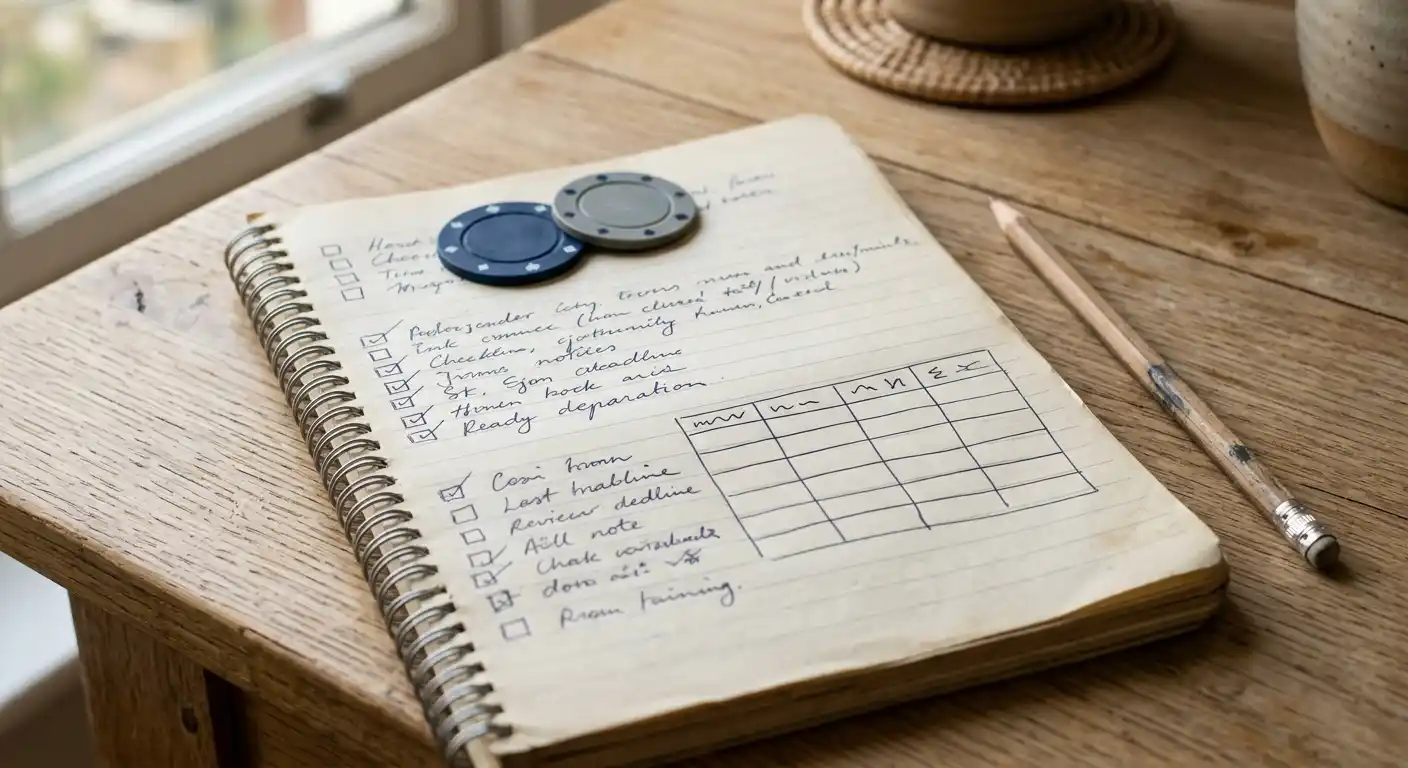 Notizbuch mit handschriftlichen Fristen und abstrakten Chips neben einer ruhigen Tabelle