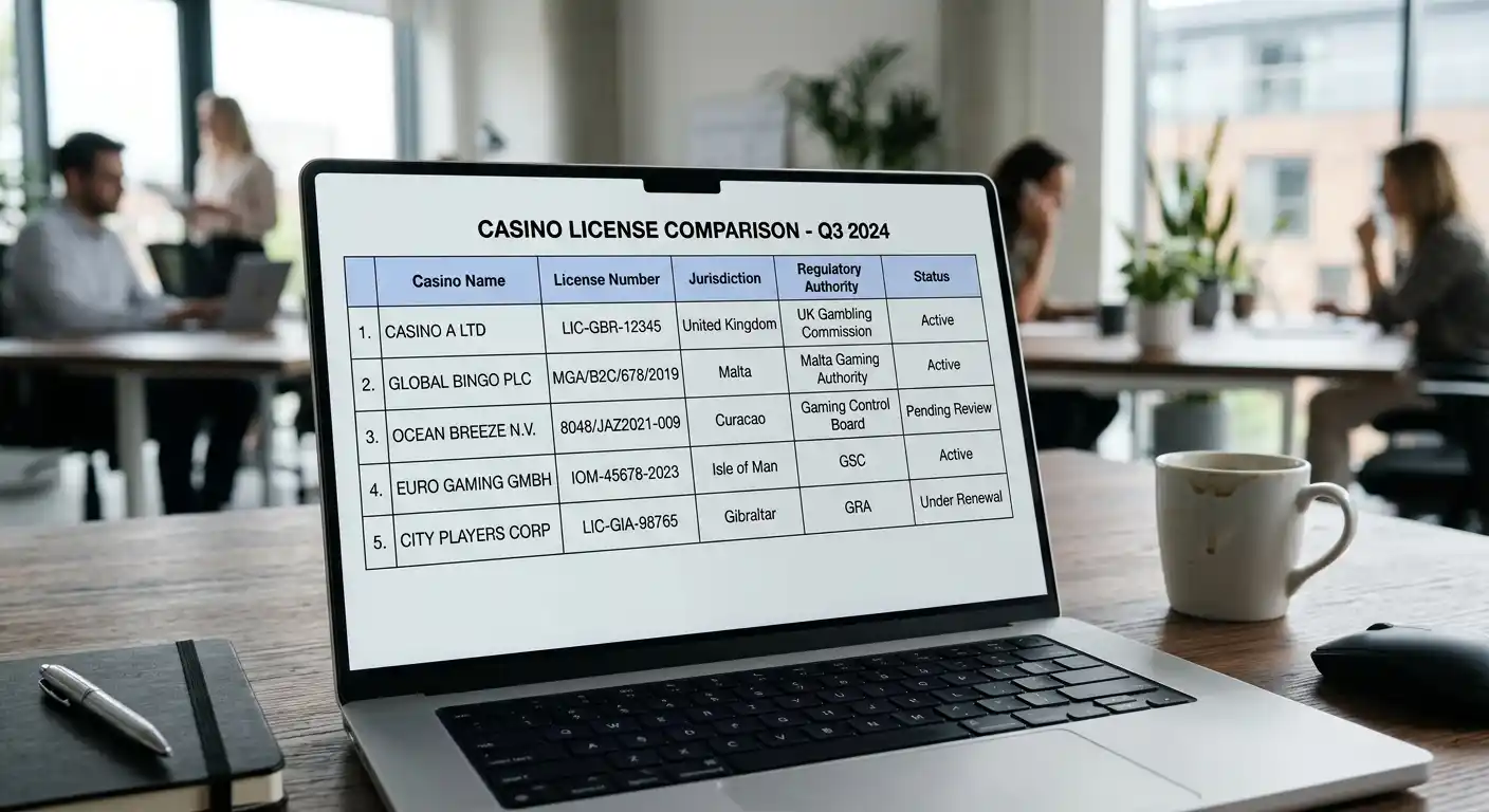 Vergleichstabelle auf Laptop-Bildschirm mit Casino-Namen und Lizenznummern