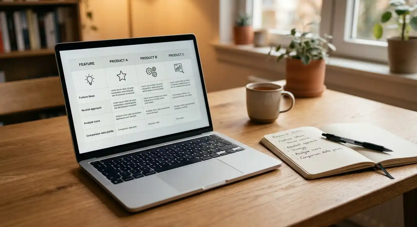 Vergleichstabelle auf Laptop mit neutralen Casino-Symbolen ohne Markenlogos
