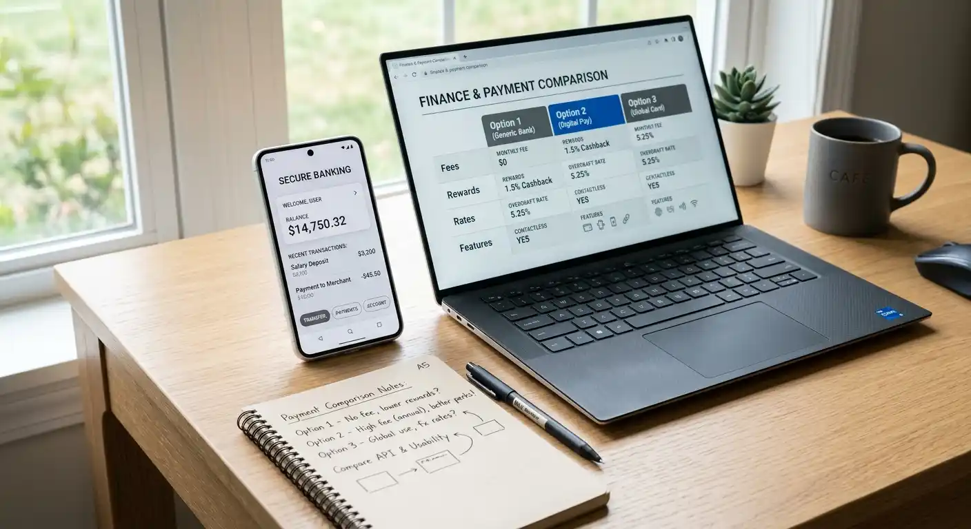 Smartphone mit Banking-App und Laptop zeigen Zahlungsmethoden-Vergleich