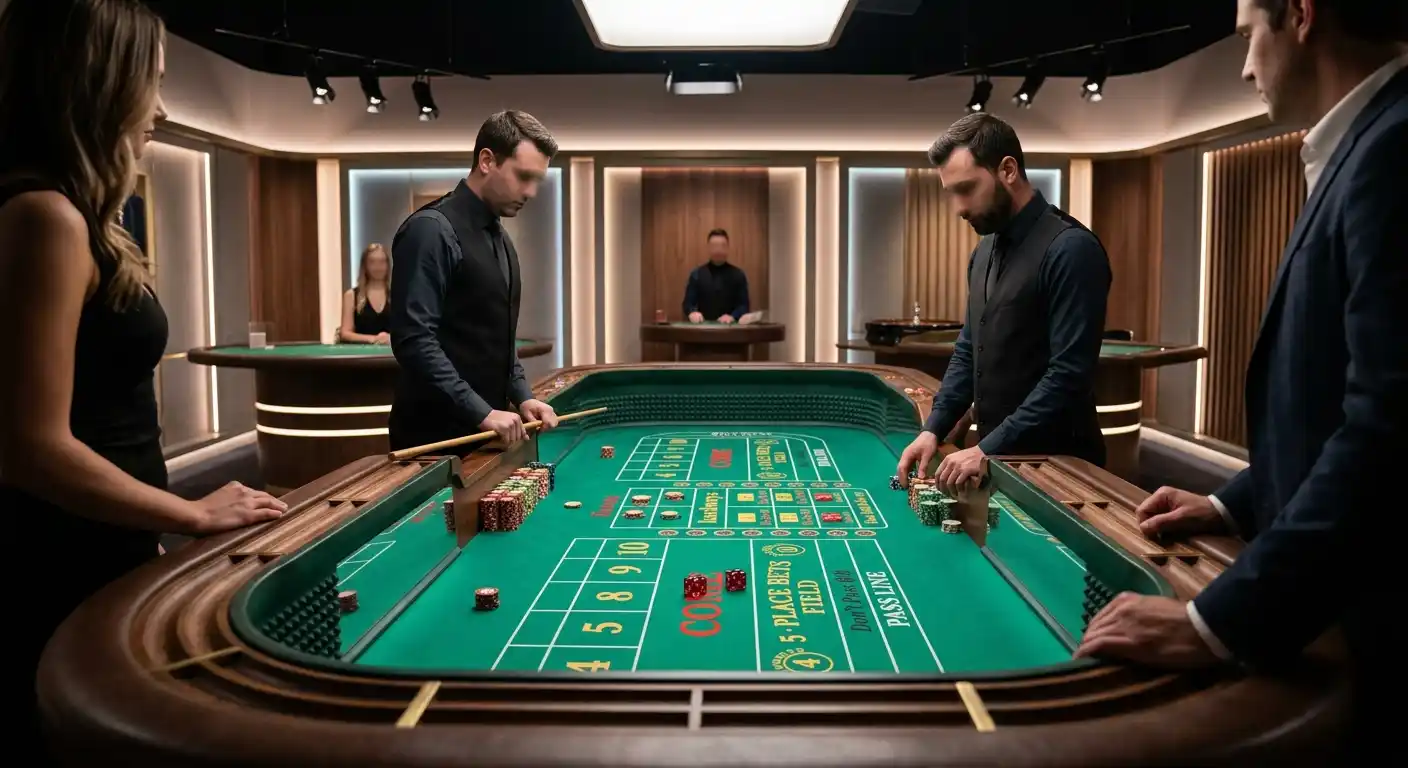 Live Craps Tisch von Evolution mit Würfeln und Einsatzfeldern für österreichische Spieler