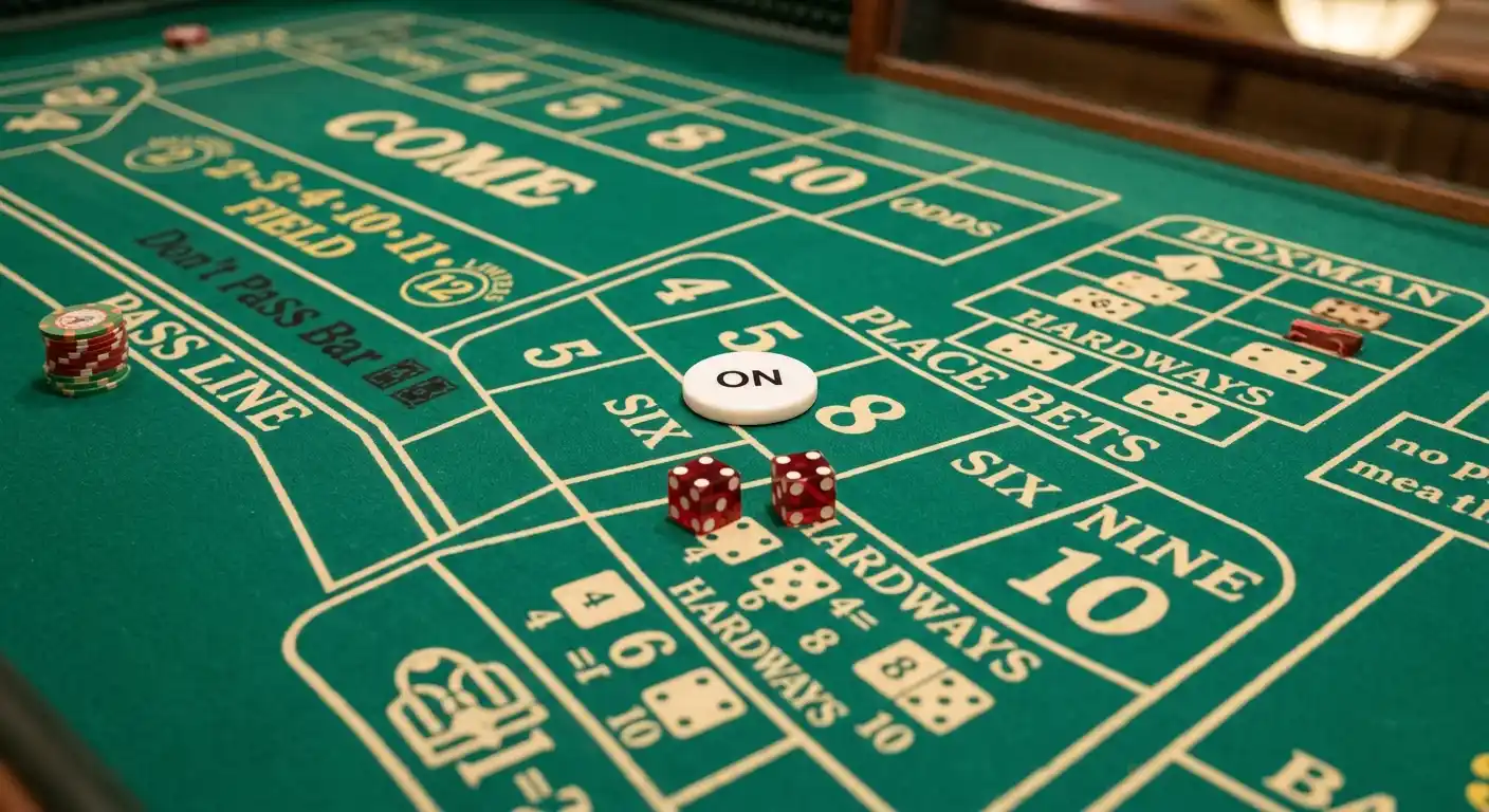 Erklärung der Craps-Regeln mit Würfeln, Point-Marker und Einsatzfeldern am Tisch