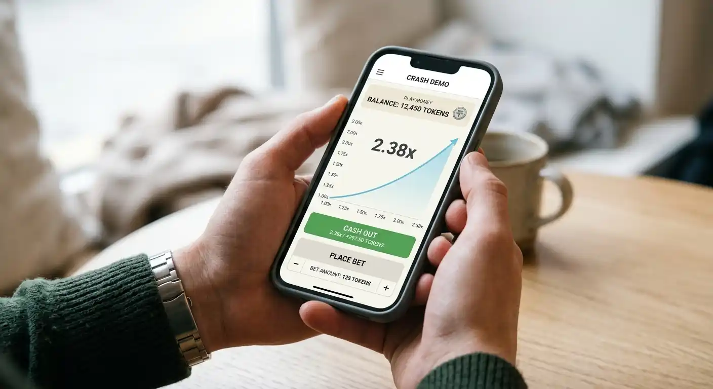 Demo Modus am Smartphone mit Spielgeld Anzeige und Crash Oberfläche neutral