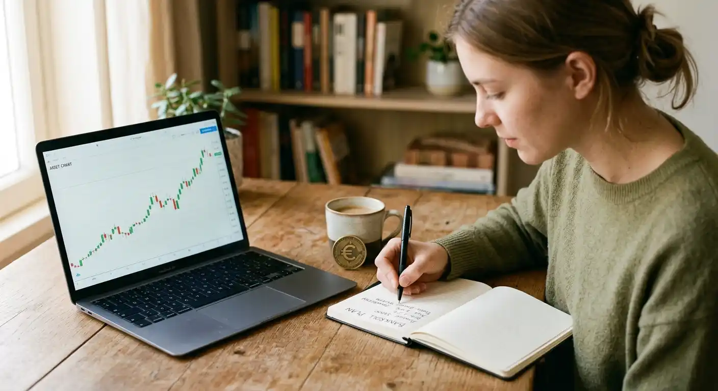 Strategie Notizen und Bankroll Plan auf Schreibtisch mit ruhigem Licht