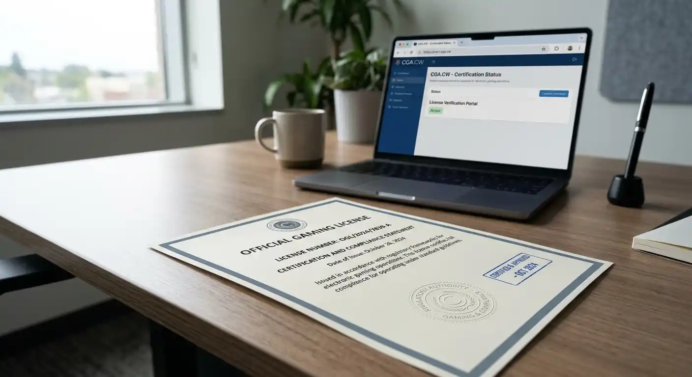 Offizielles Curaçao Gaming Authority Lizenzdokument auf Schreibtisch mit Laptop
