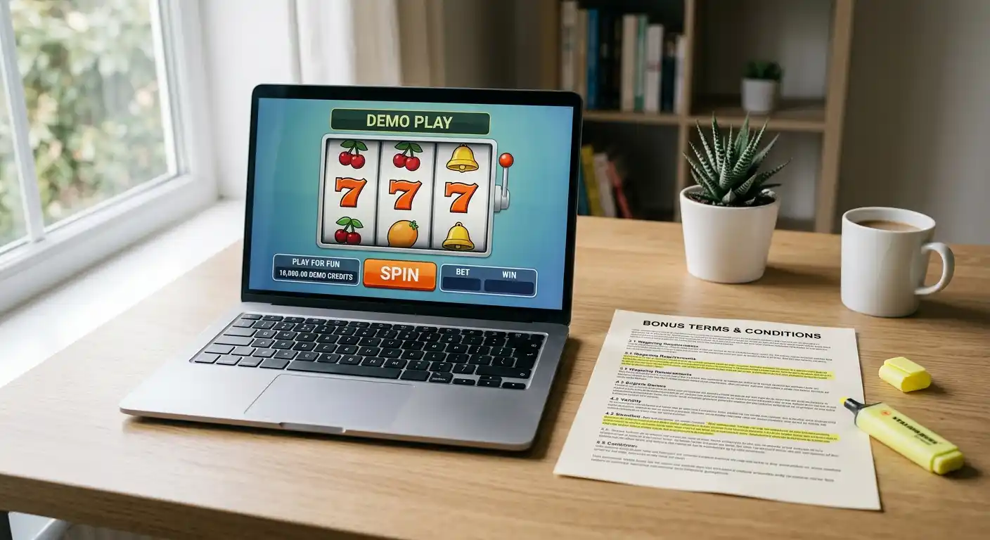 Laptop im Demo-Modus neben markierten Bonusbedingungen auf Papier