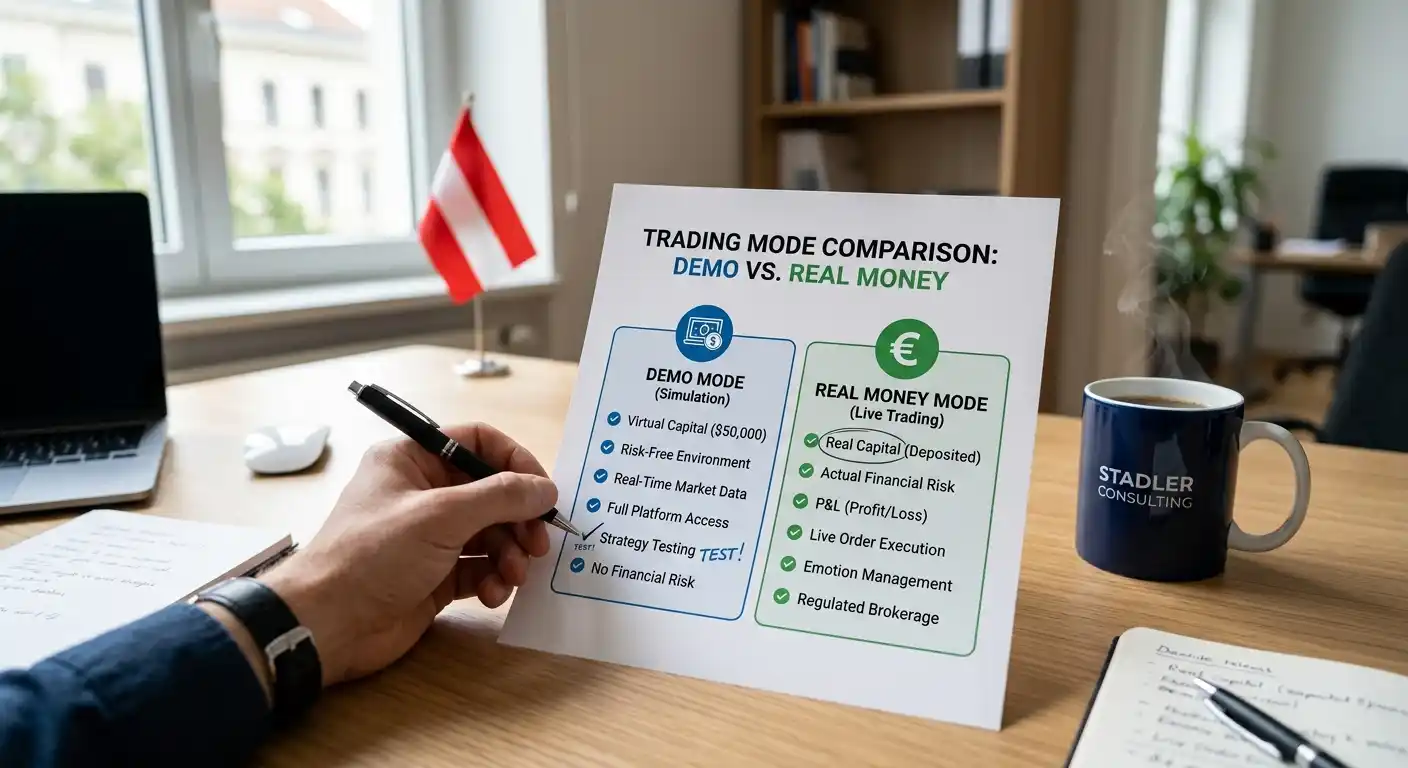 Vergleichsgrafik Demo-Modus und Echtgeld-Modus mit Gemeinsamkeiten und Unterschieden
