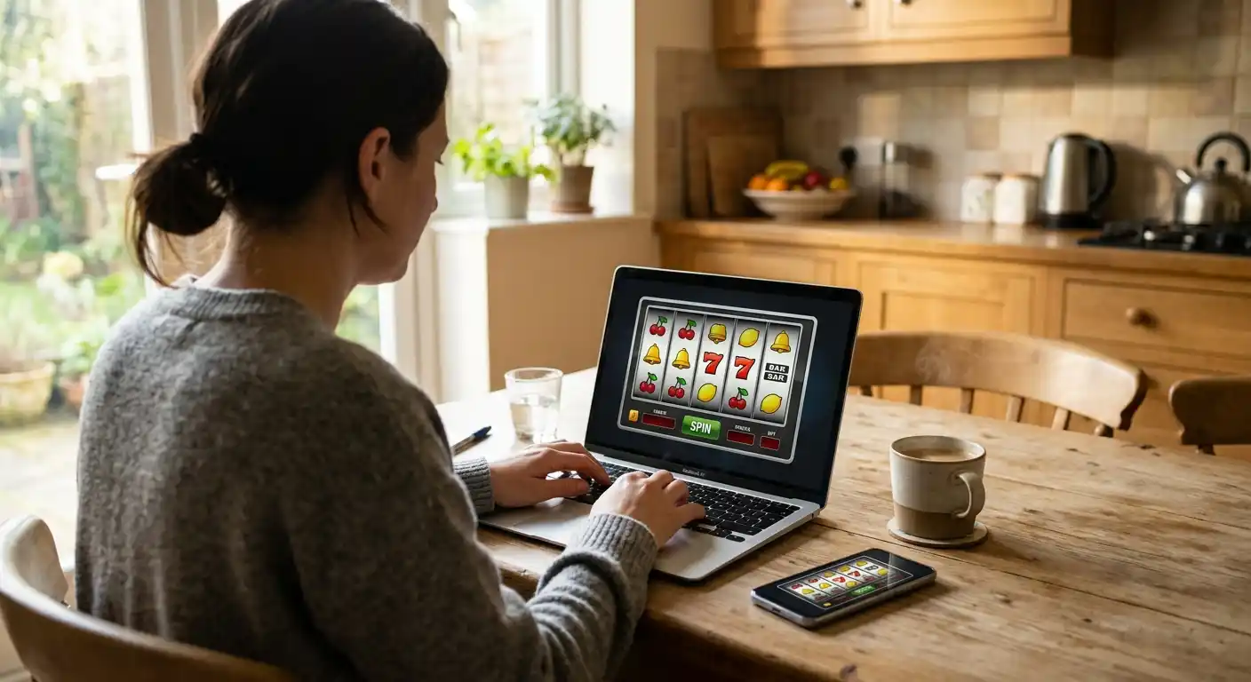 Person am Laptop mit Demo-Modus Sizzling Hot Spielautomat auf dem Bildschirm in heller Küche