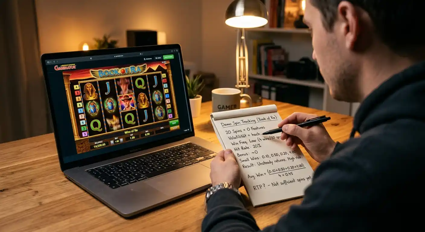 Person am Laptop analysiert Slot-Volatilität anhand von Demo-Spin-Ergebnissen auf Notizblock