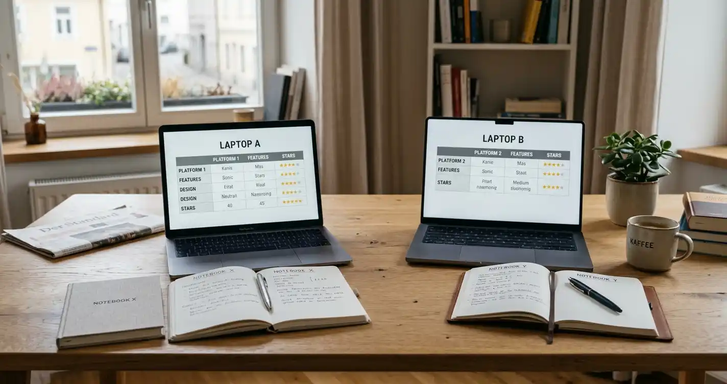Vergleichstisch mit Laptops und Notizen zum österreichischen Casino-Markt