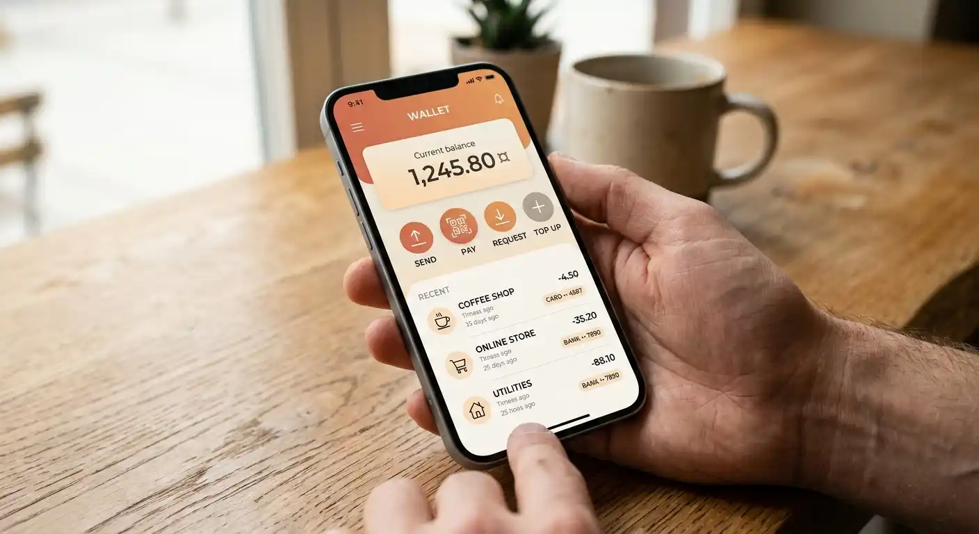 E-Wallet-Symbole und digitale Zahlungsmethoden auf einem Smartphone-Display