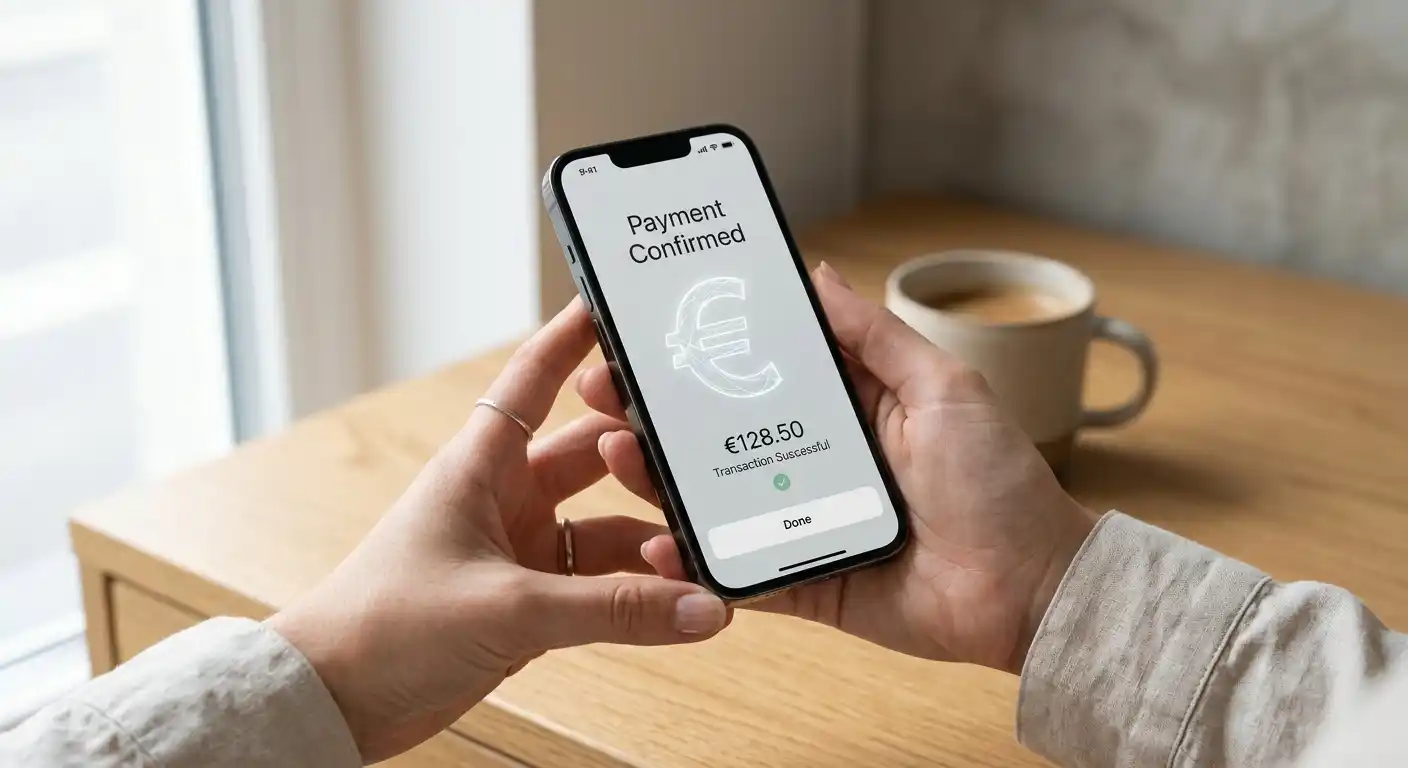 Hände mit Smartphone über neutralem Zahlungsbildschirm mit Euro-Symbol
