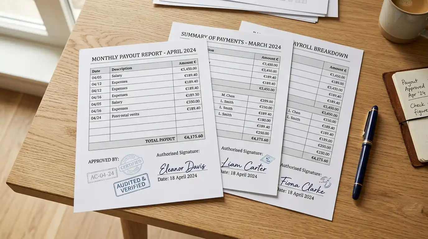 Gedruckte Auszahlungsreports mit Stempeln und Unterschriften auf einem ruhigen Schreibtisch