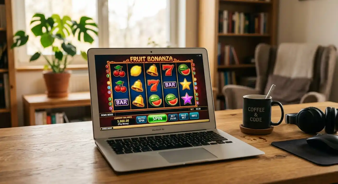Laptop-Bildschirm mit Demo-Modus eines Spielautomaten