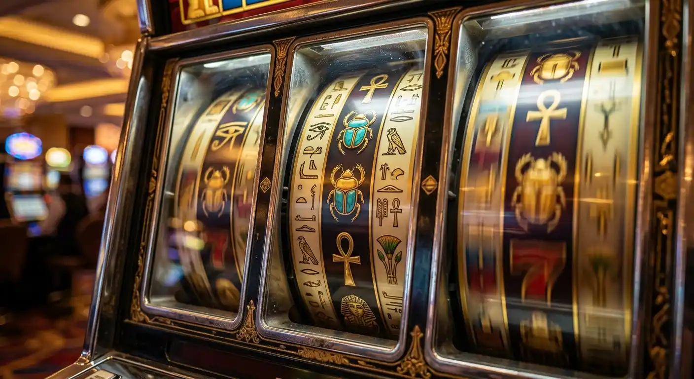 Nahaufnahme von Spielautomaten-Walzen mit ägyptischen Symbolen