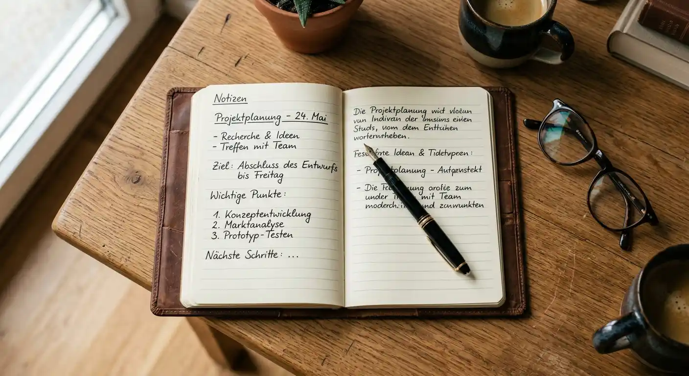 Notizbuch mit handgeschriebenen Notizen und Stift auf Schreibtisch