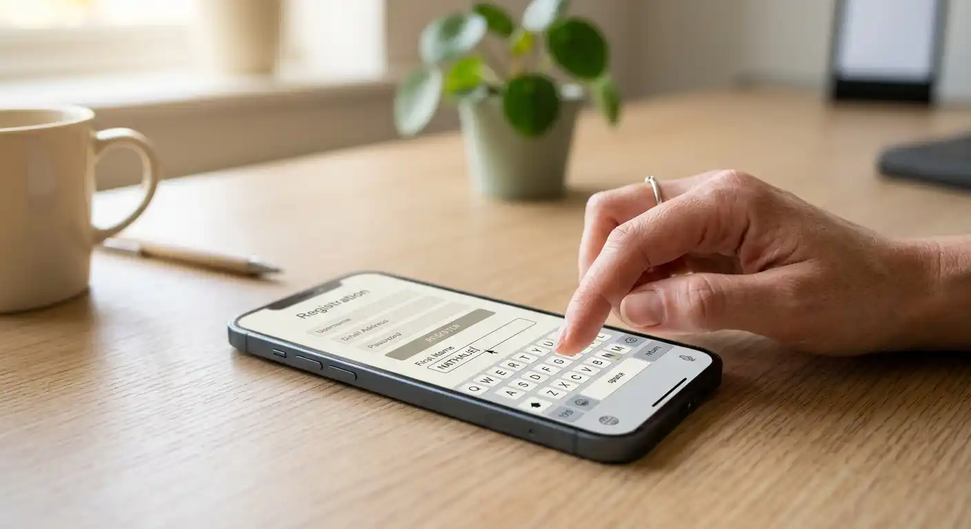Hand gibt einen Bonuscode auf einem mobilen Gerät mit neutralem Registrierungsformular ein