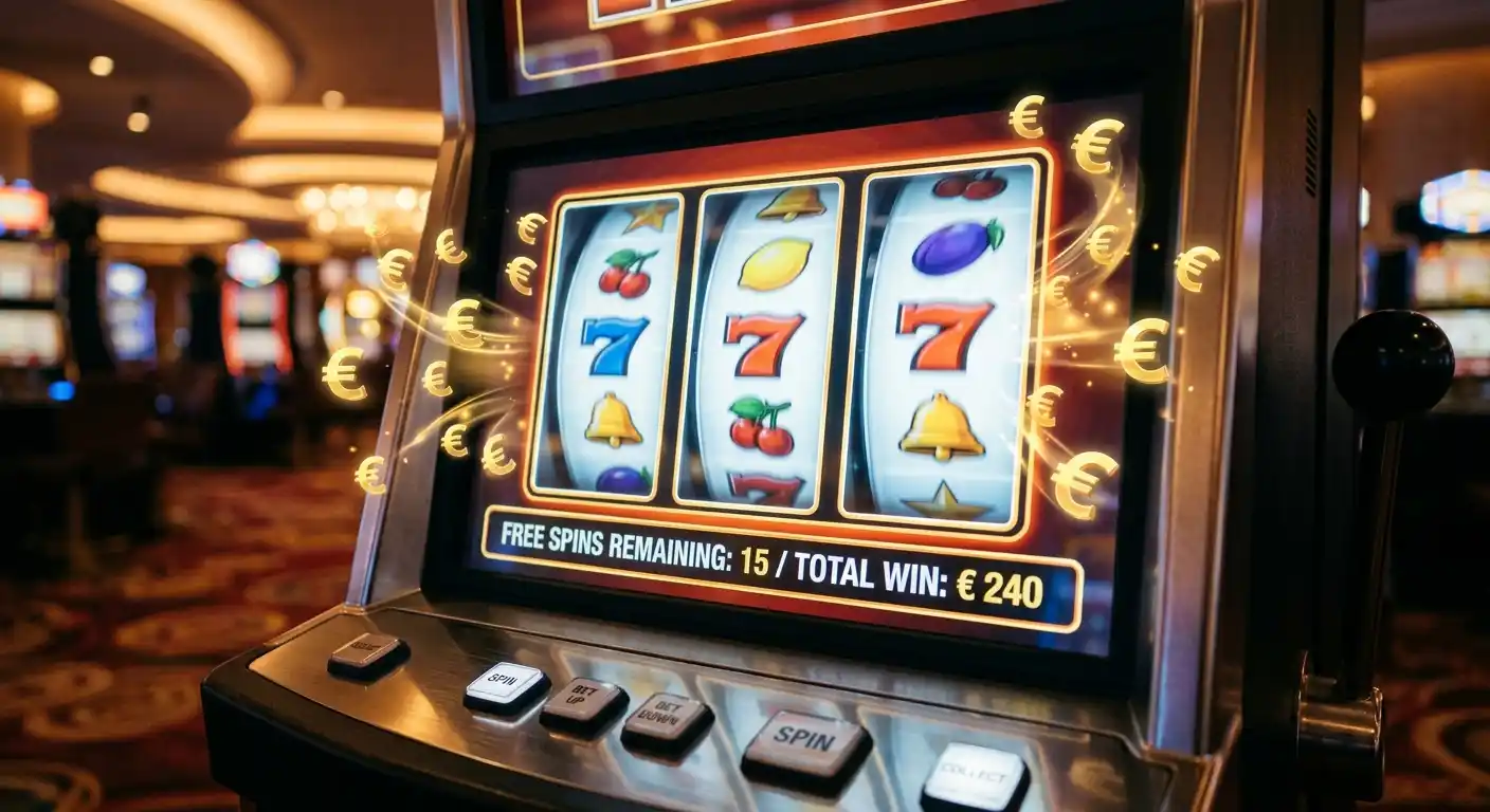 Walzen eines generischen Spielautomaten mit Freispiel-Zähler und goldenen Euro-Symbolen