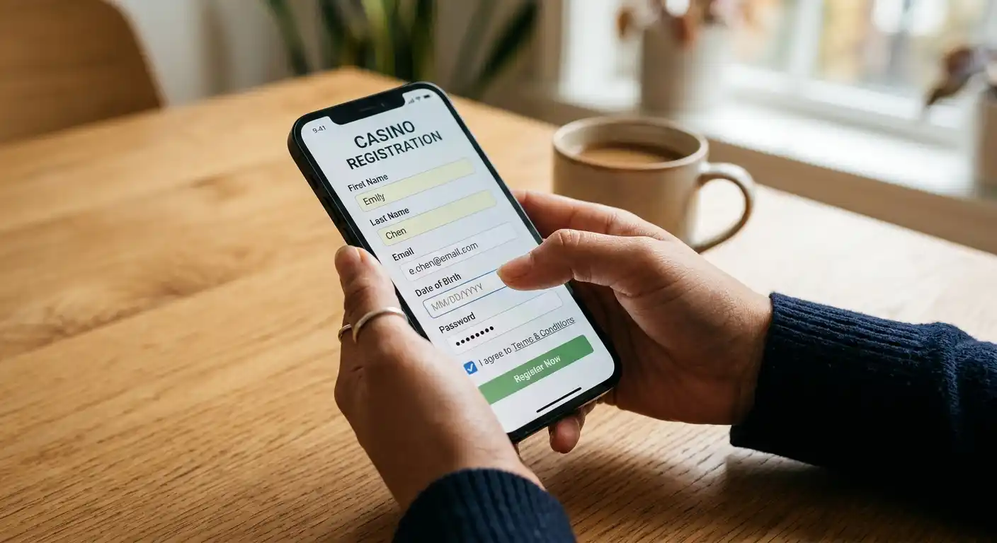 Hand, die auf einem Smartphone ein Registrierungsformular in einem neutralen Online-Casino ausfüllt, auf einem Holztisch