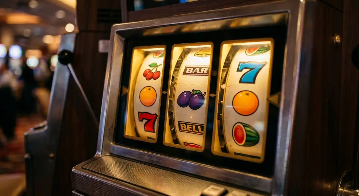 Nahaufnahme eines generischen Walzenspielautomaten mit neutralen Symbolen wie Früchten und Siebenen, warmes Licht