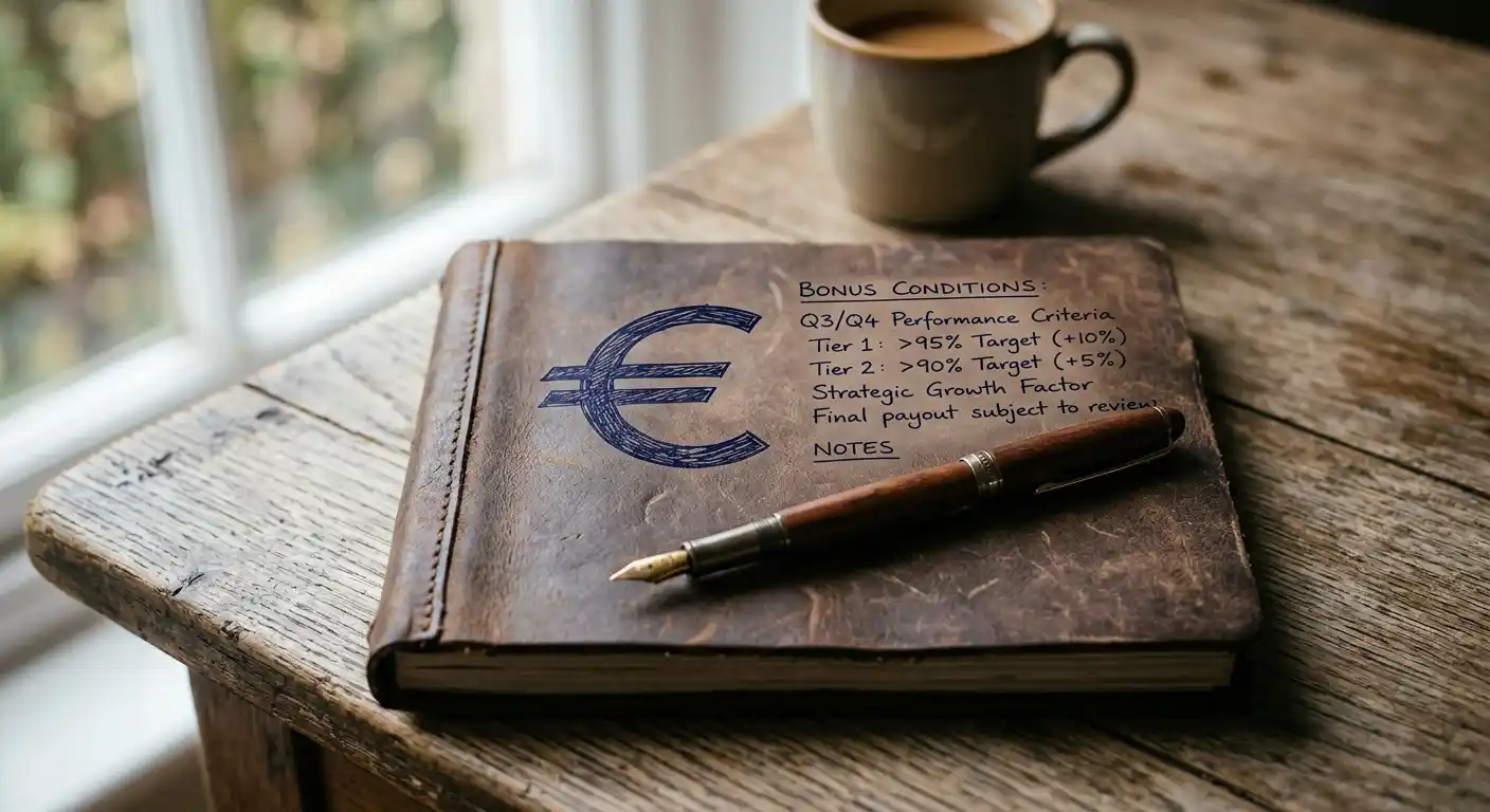 Notizbuch mit handgeschriebenen Bonusbedingungen und einem symbolischen Euro-Zeichen