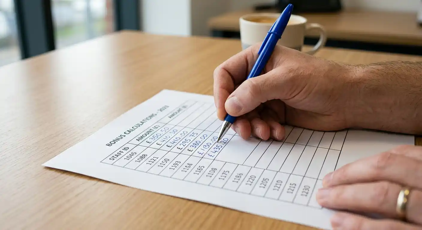 Hand mit Stift über einer Bonusbedingungstabelle auf Papier