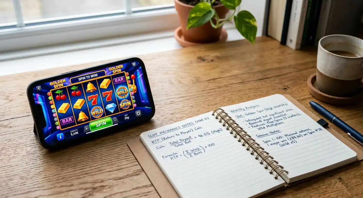 Grafische Darstellung wie fünfzig Freispiele in echten Geldwert umgerechnet werden, Smartphone mit Taschenrechner-App daneben Notizbuch mit handschriftlichen Berechnungen zu RTP und Volatilität, sanftes Schreibtischlicht, realistische Fotografie, keine echten Banknoten oder Münzen sichtbar, saubere Komposition, neutrale warme Töne