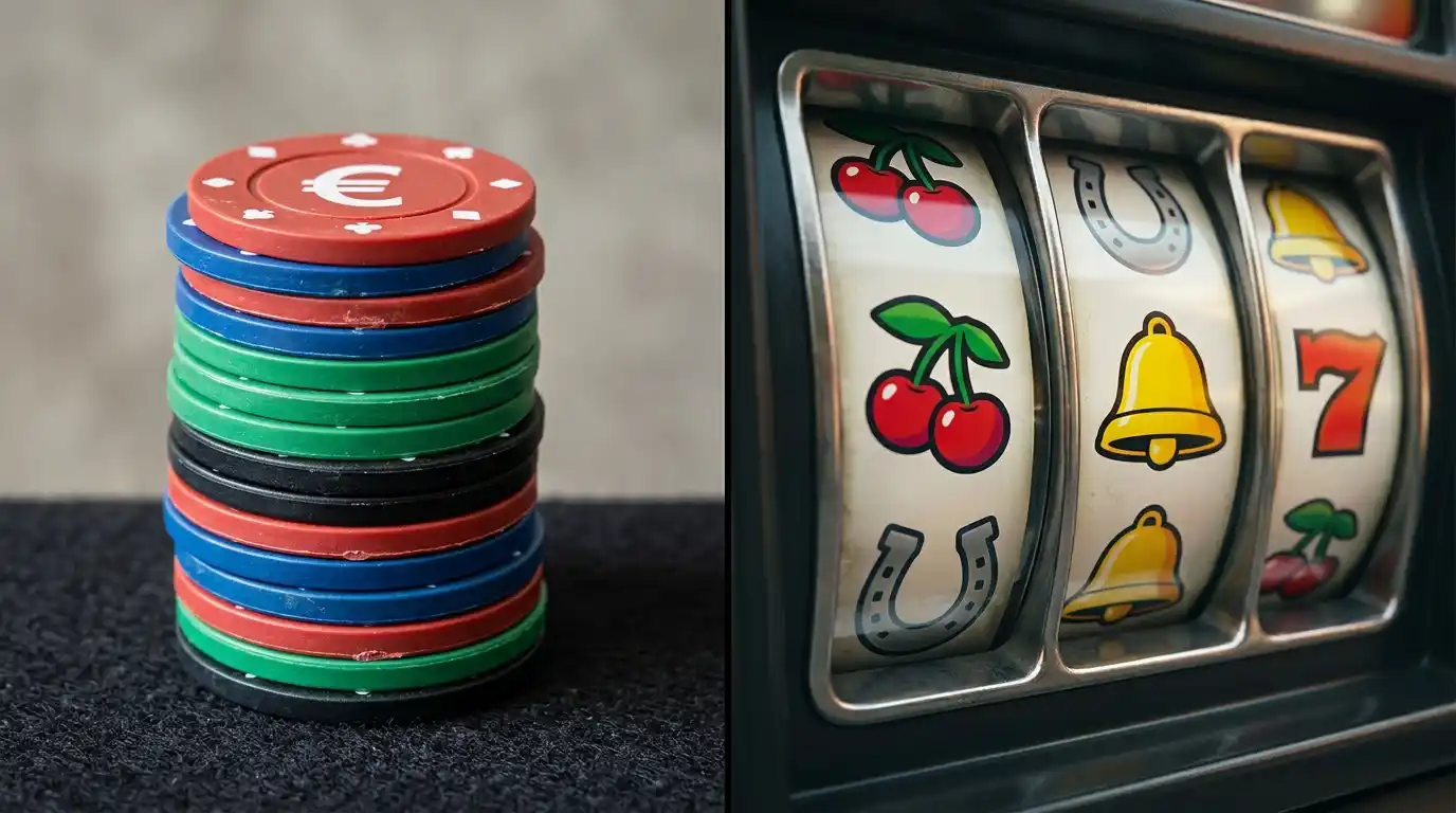 Casino-Chips mit Euro-Symbol links und abstrakte Spielautomaten-Walzen rechts auf neutralem Hintergrund